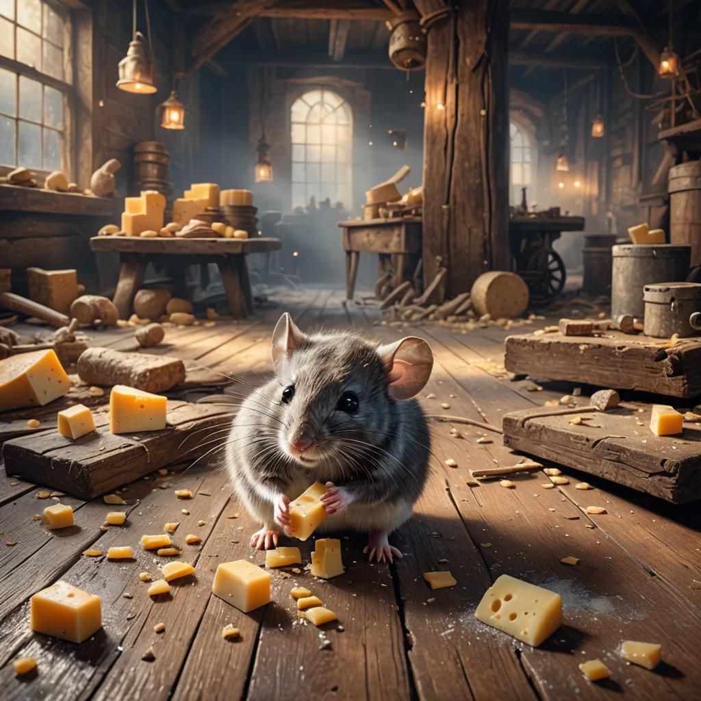 Mouse Eating Cheese in Abandoned Mill