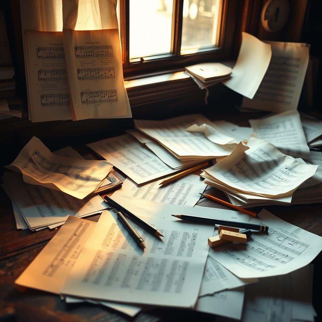 A Cluttered Composer's Study Basks in Warm, Golden Light