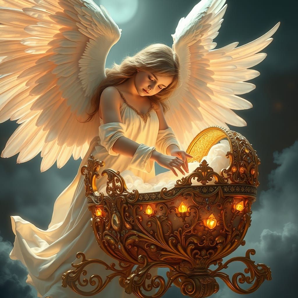 Guardian Angel Watches Over a Golden Cradle
