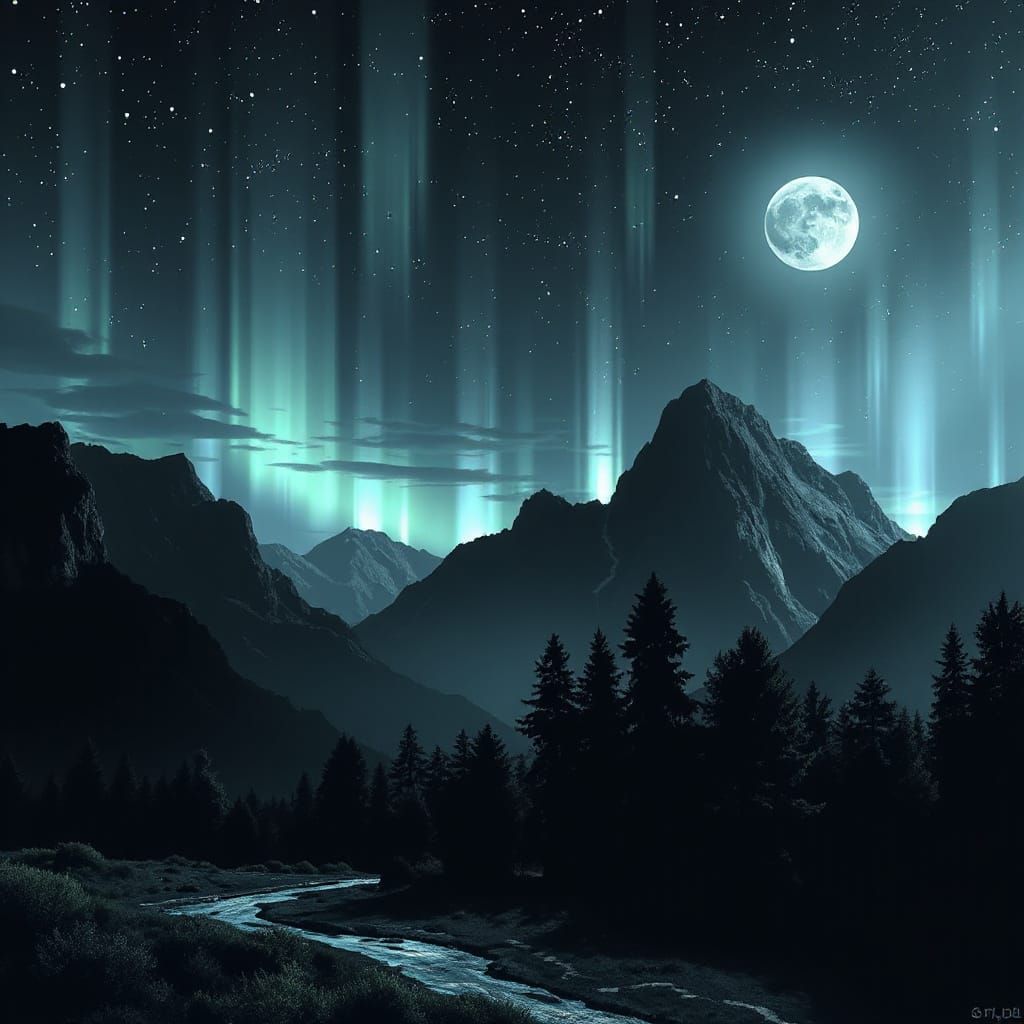 Abstract 8-bit Aurora Landscape in Black and Grey