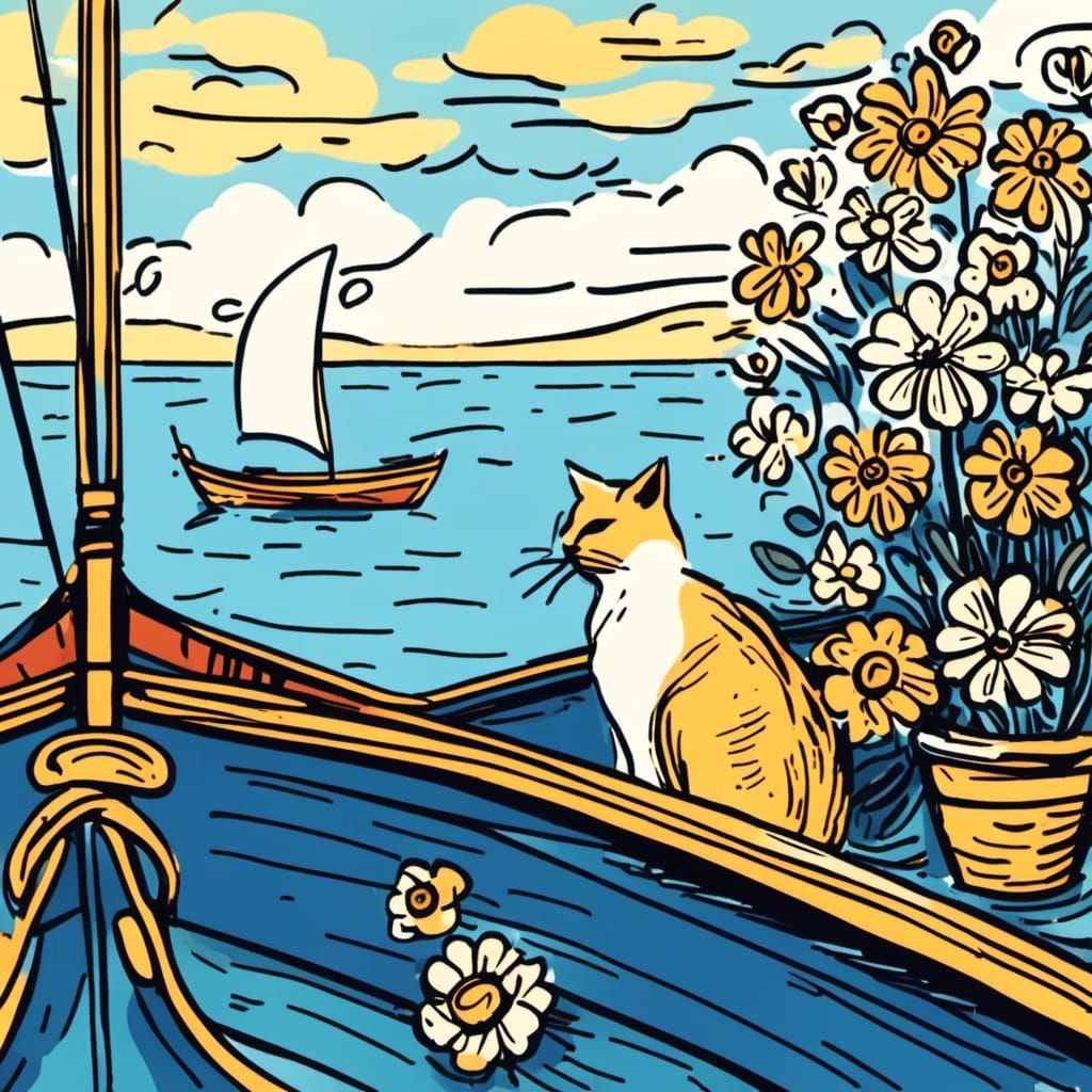 Stick Figure Cat Watches Boats Leaving Port