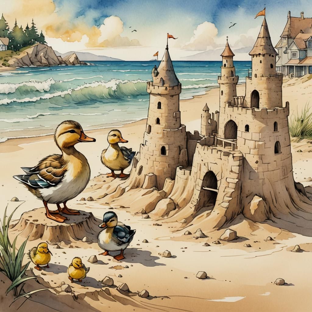 Ducks Building Sandcastle: Whimsical Watercolor Illustration
