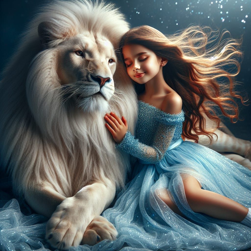 Young Girl and Majestic White Lion in Whimsical Harmony