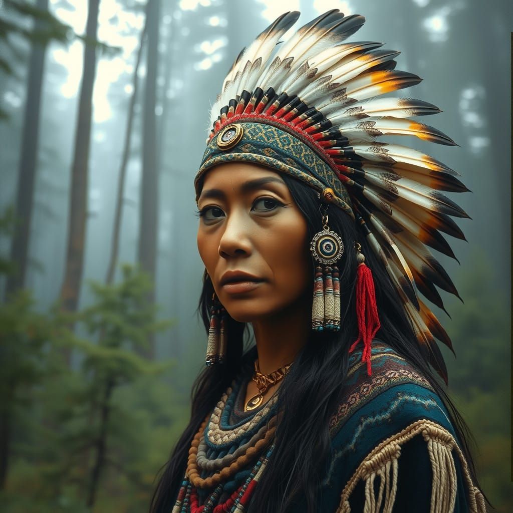 Native American Woman in Traditional Headdress, Surrounded b...