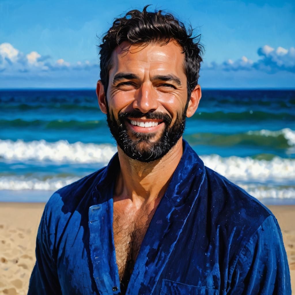 Bearded Man in Blue Robe, Neo-Impressionist Oil Painting