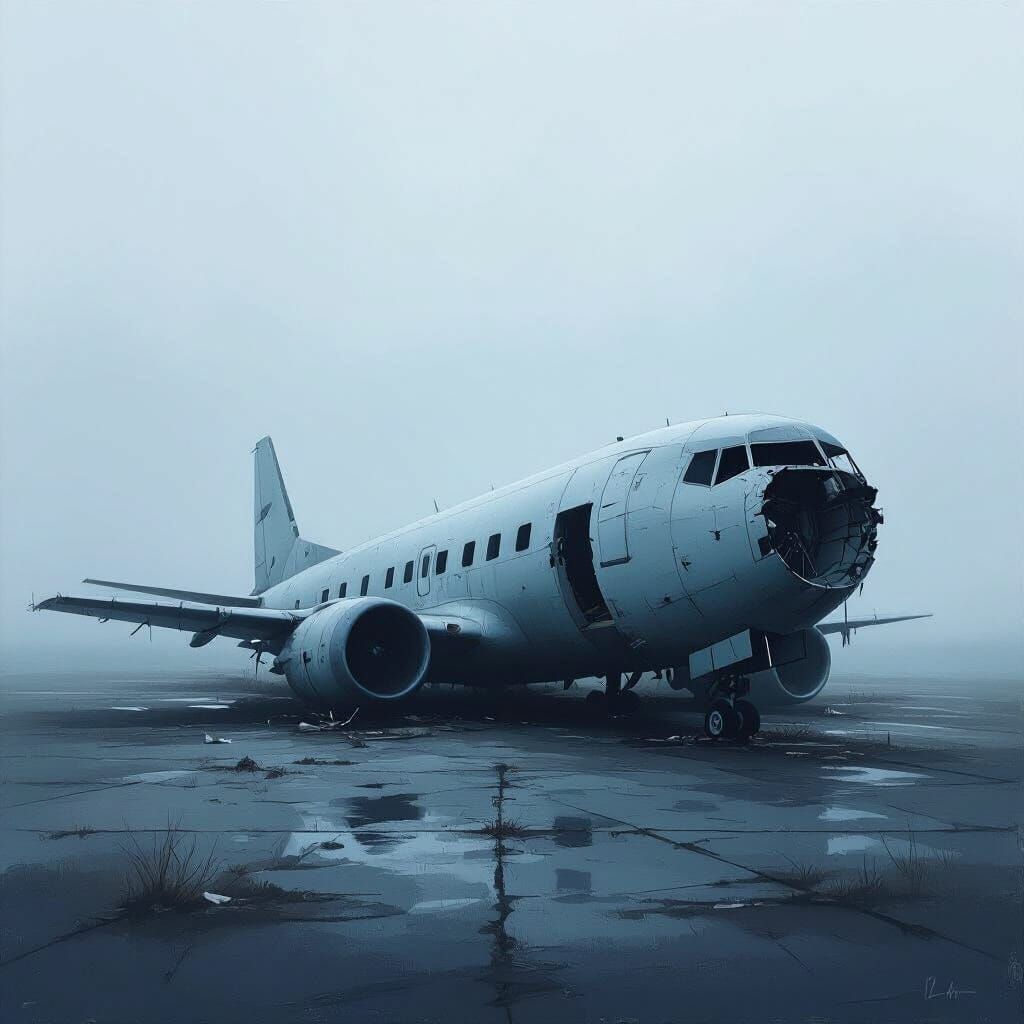 Dejected Wingless Aeroplane on Foggy Tarmac