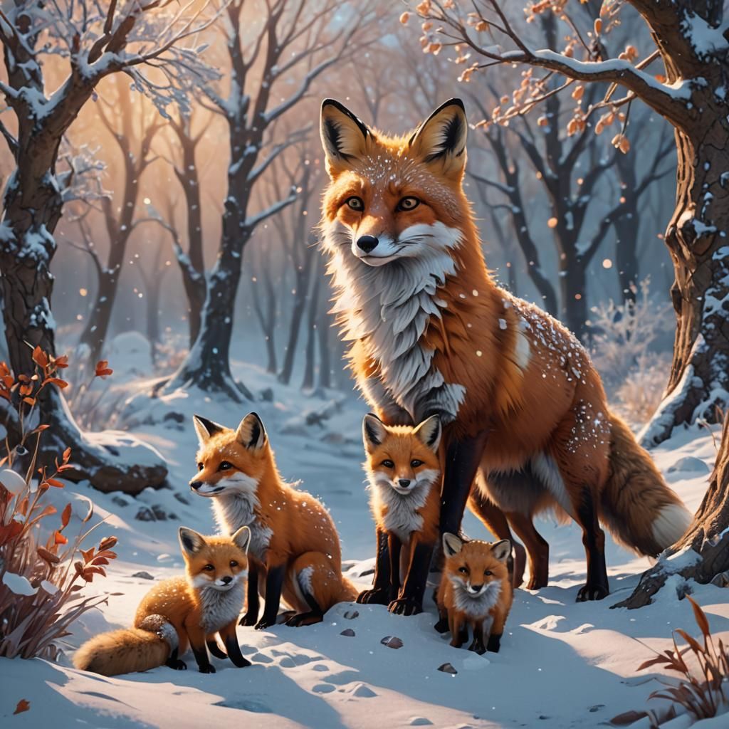 Fox Family Playing in Winter Snow, Art Nouveau Style