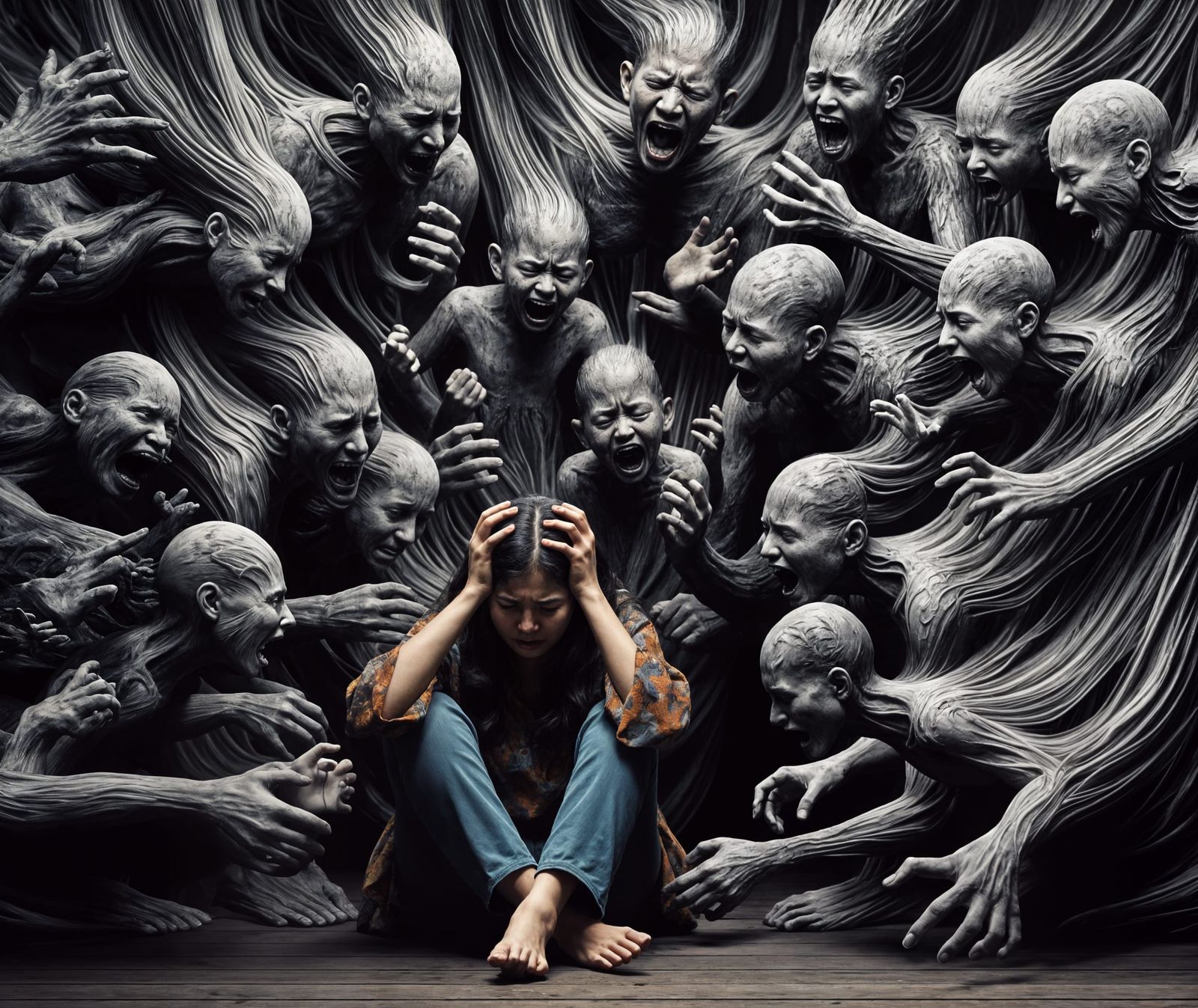 Distressed Woman Surrounded by Spectral Figures