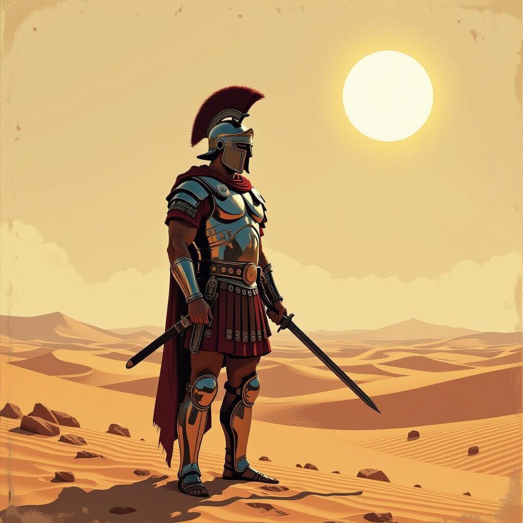 Roman Centurion Guards Arid Desert Edge in Pulp Style