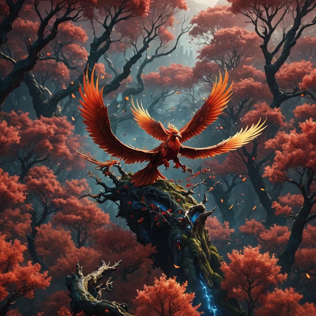 Phoenix Over Cherry Forest: Fantasy Concept Art