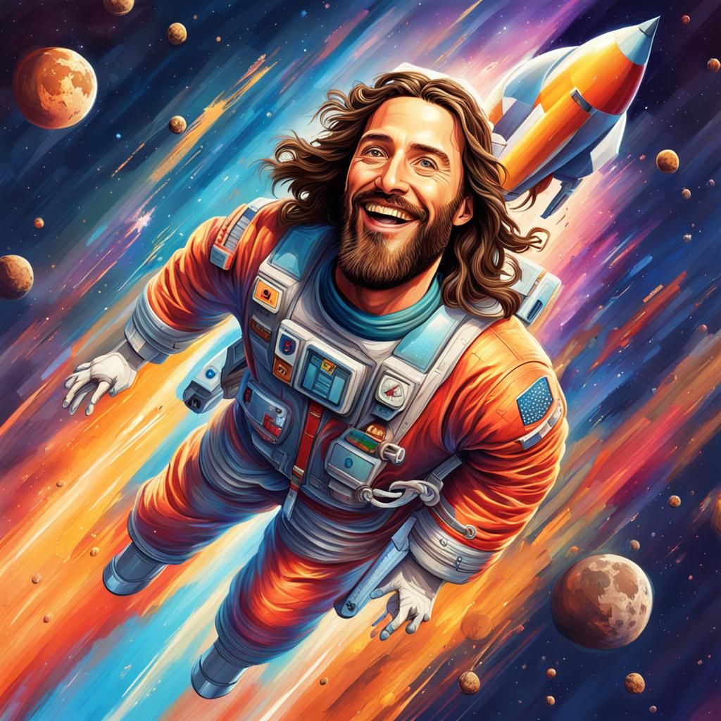 Jesus Christ Rides Rocket to Space: Hyperrealistic Art