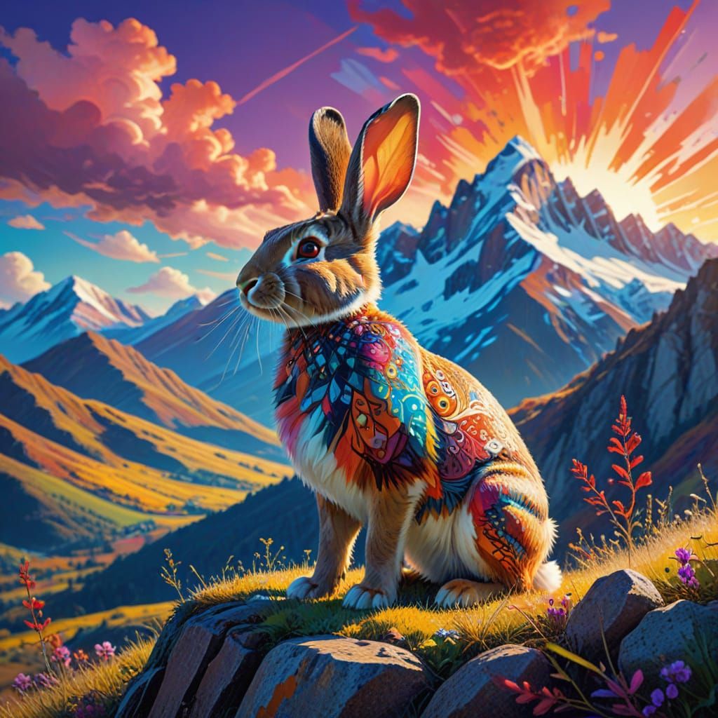 Whimsical Rabbit Sketch with Bold Patterns and Mountains