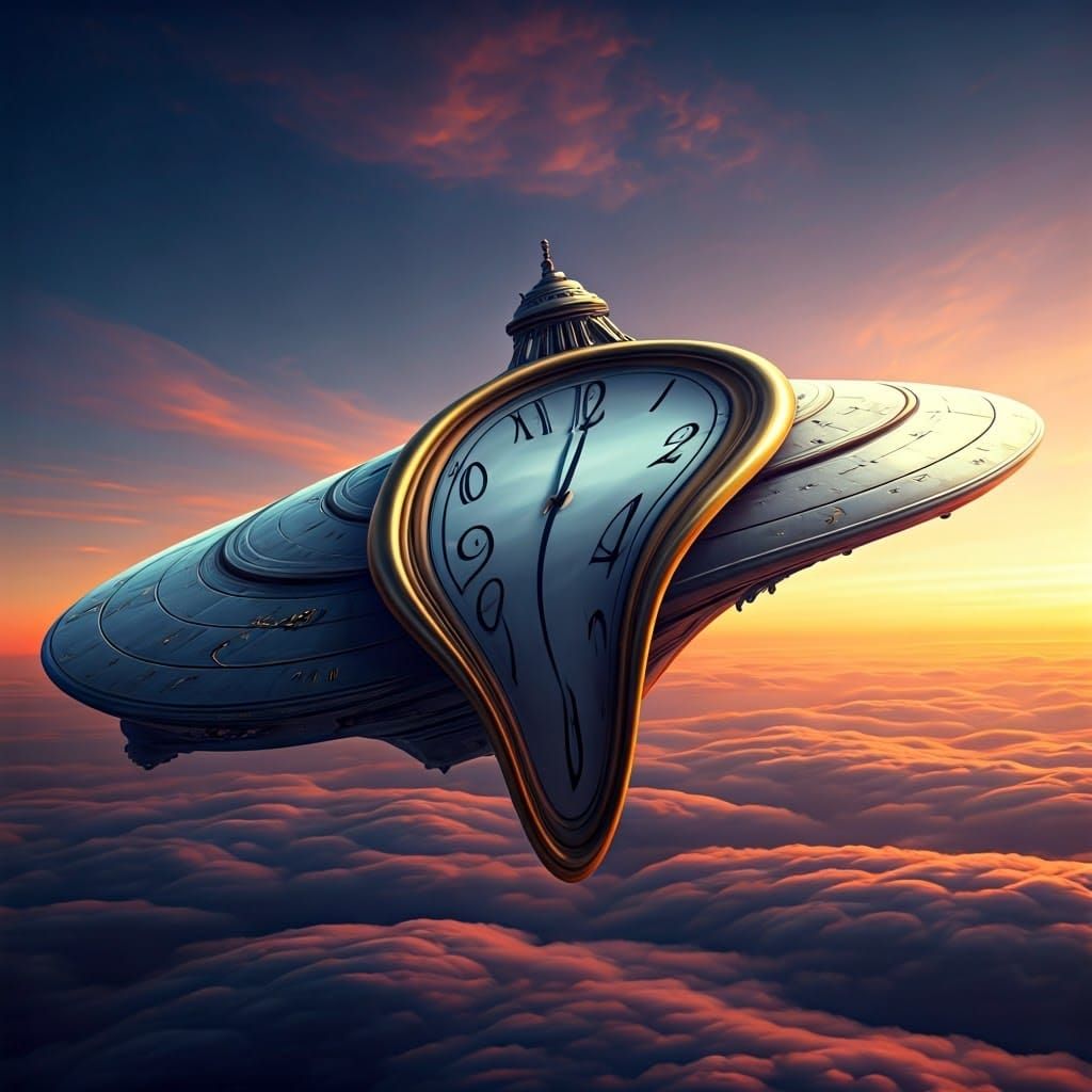 Surreal Melting Spaceship in Dreamlike Sky