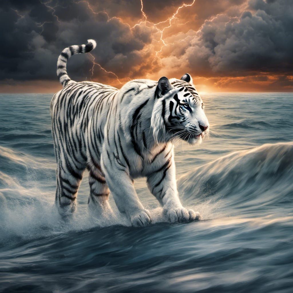 Hyperrealistic White Tiger Surfing Storm