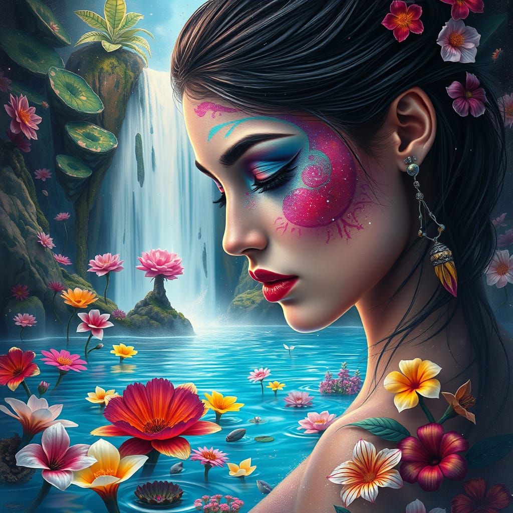 Stardust Lady with Tribal Makeup in Surreal Landscape