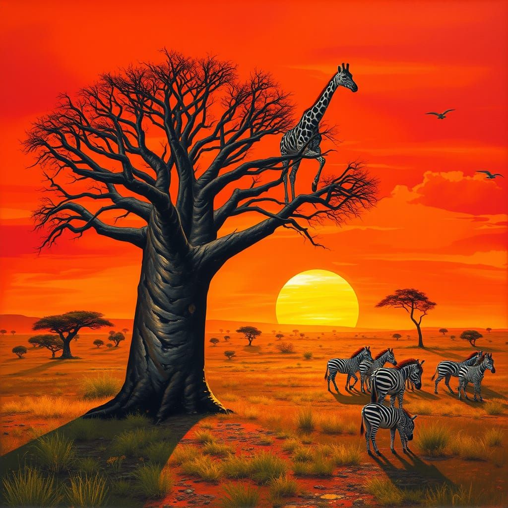 Surreal African Sunset with Majestic Baobab Tree