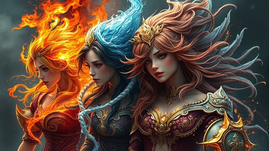 Elemental Girls Clash: Hyperdetailed Concept Art