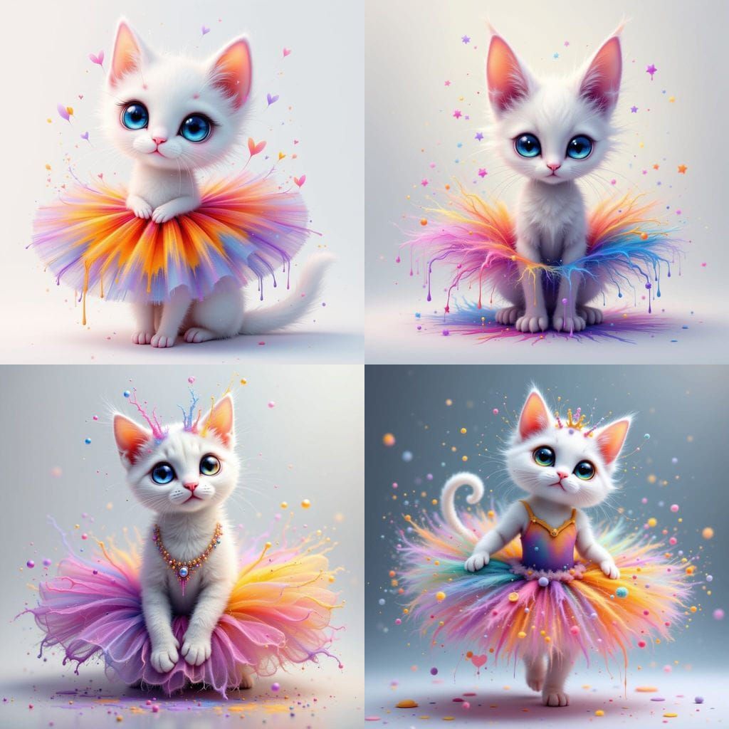 Whimsical Rainbow Cat Ballerina in Dripping Paint