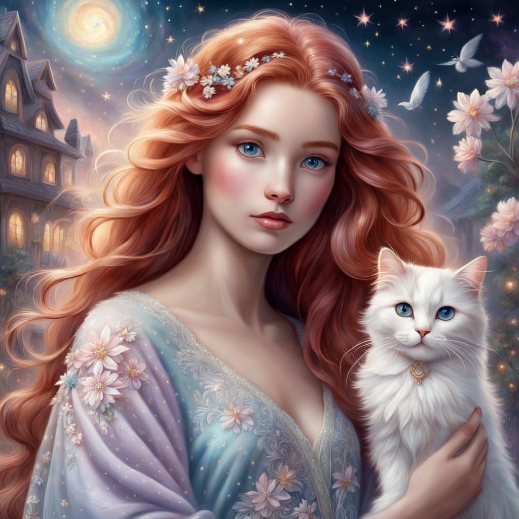 Surreal Fantasy Woman and Whiskered Friends