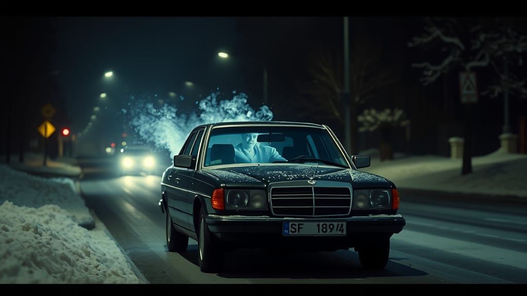 Ghostly Snow Spirit Drives Dark Mercedes Down Snowy Street