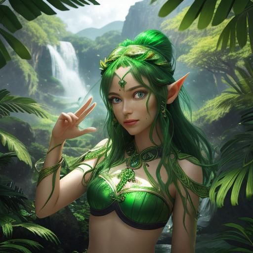 an elf in a green bikini made of leaves stands under a mount...