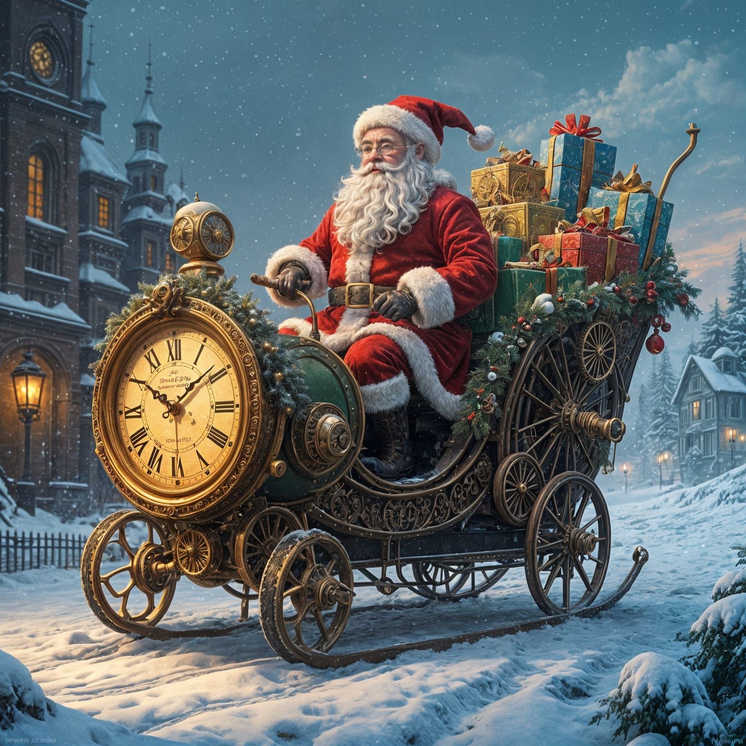 Surreal Steampunk Santa Rides a Fantastical Sleigh Through a...