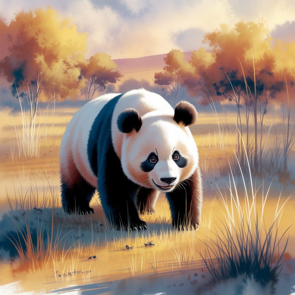 Panda Searches for Ants in Golden Savanna Watercolor