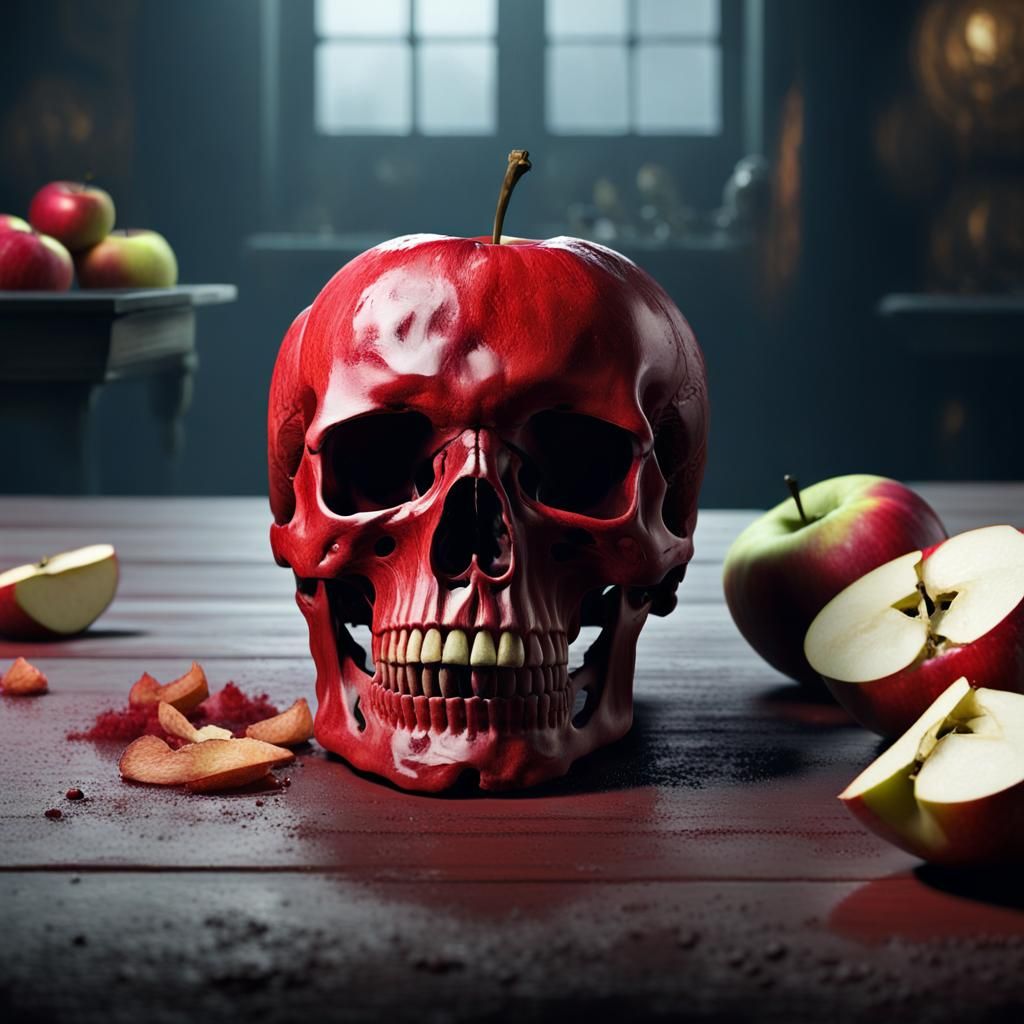 Half Skull Apple Still Life in Detailed Matte Painting