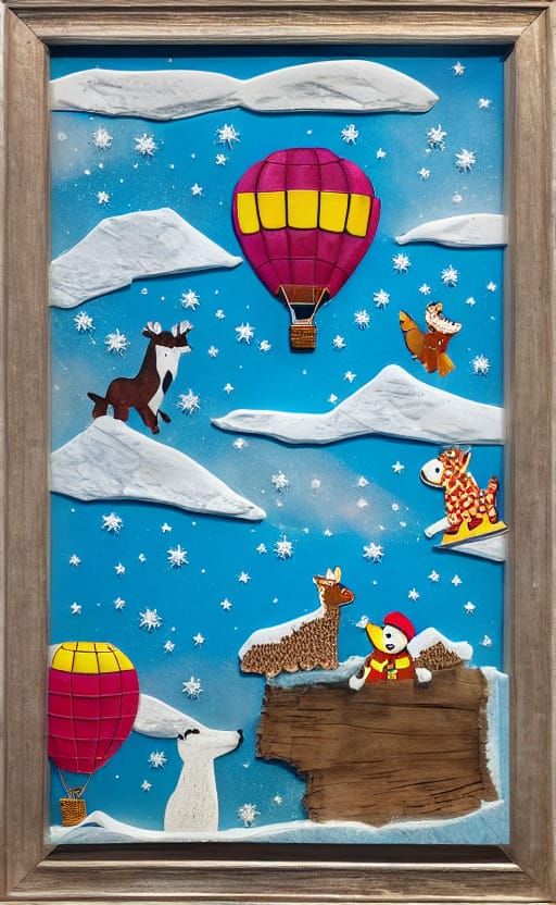 Arctic Hot Air Balloon with Woodland Creatures in Mixed Medi...