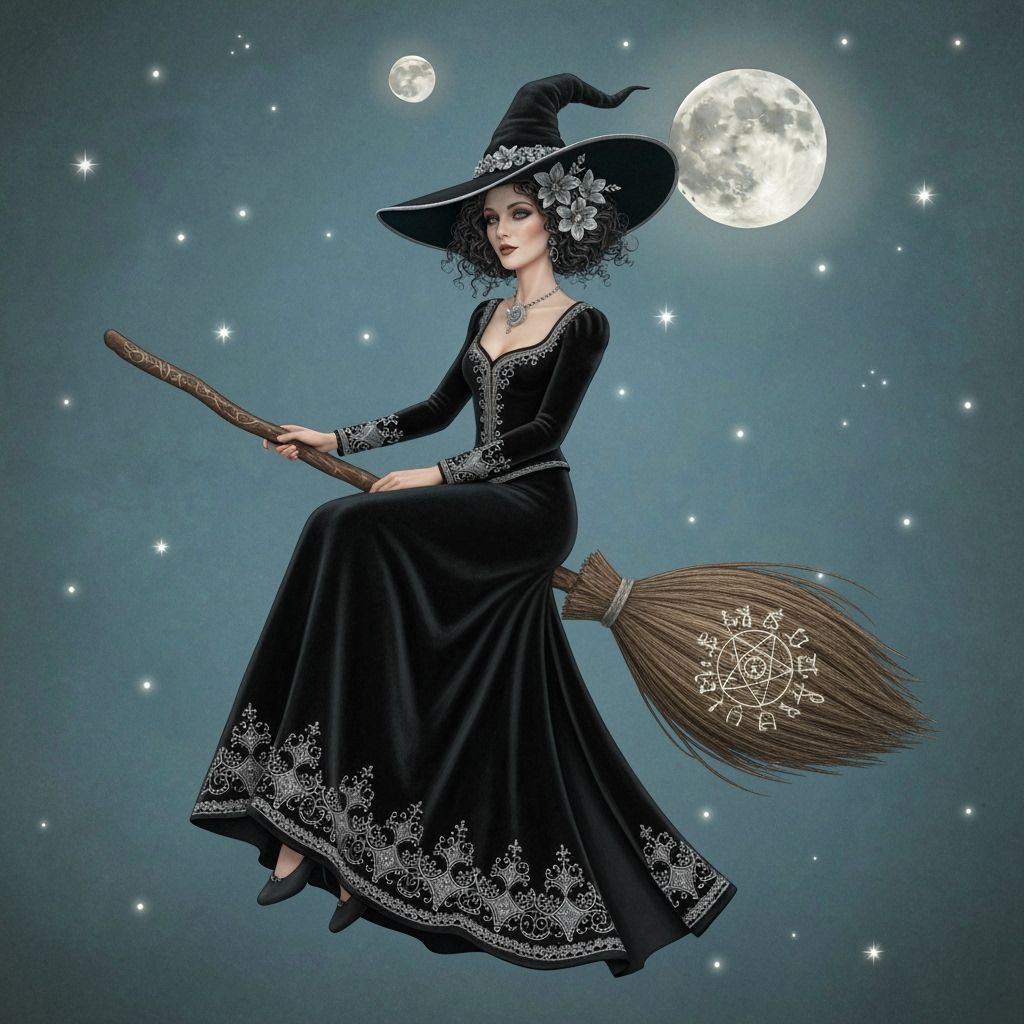 Italian Witch Flying in Mystical Moonlight, Dark Fantasy Sty...