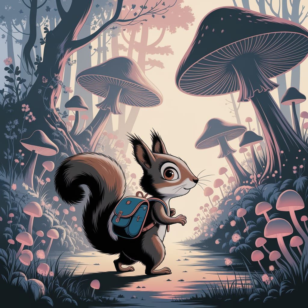 Squirrel Explorer in Enchanted Forest Illustration