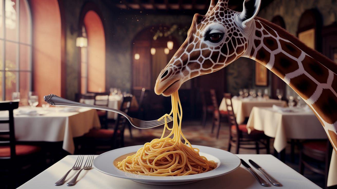 Giraffe Twirling Pasta in Italian Restaurant Digital Paintin...