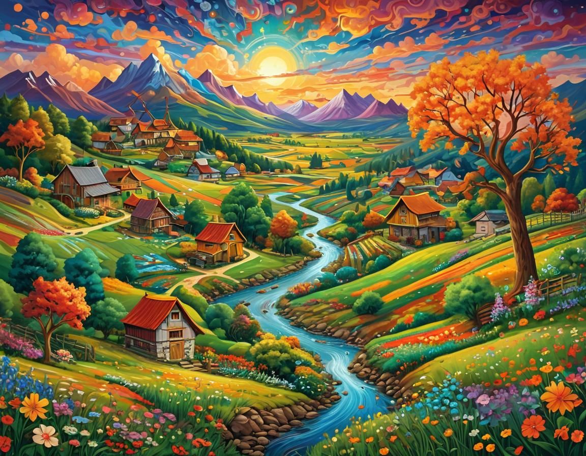 Colorful Landscape with Fairy in Art Nouveau Style