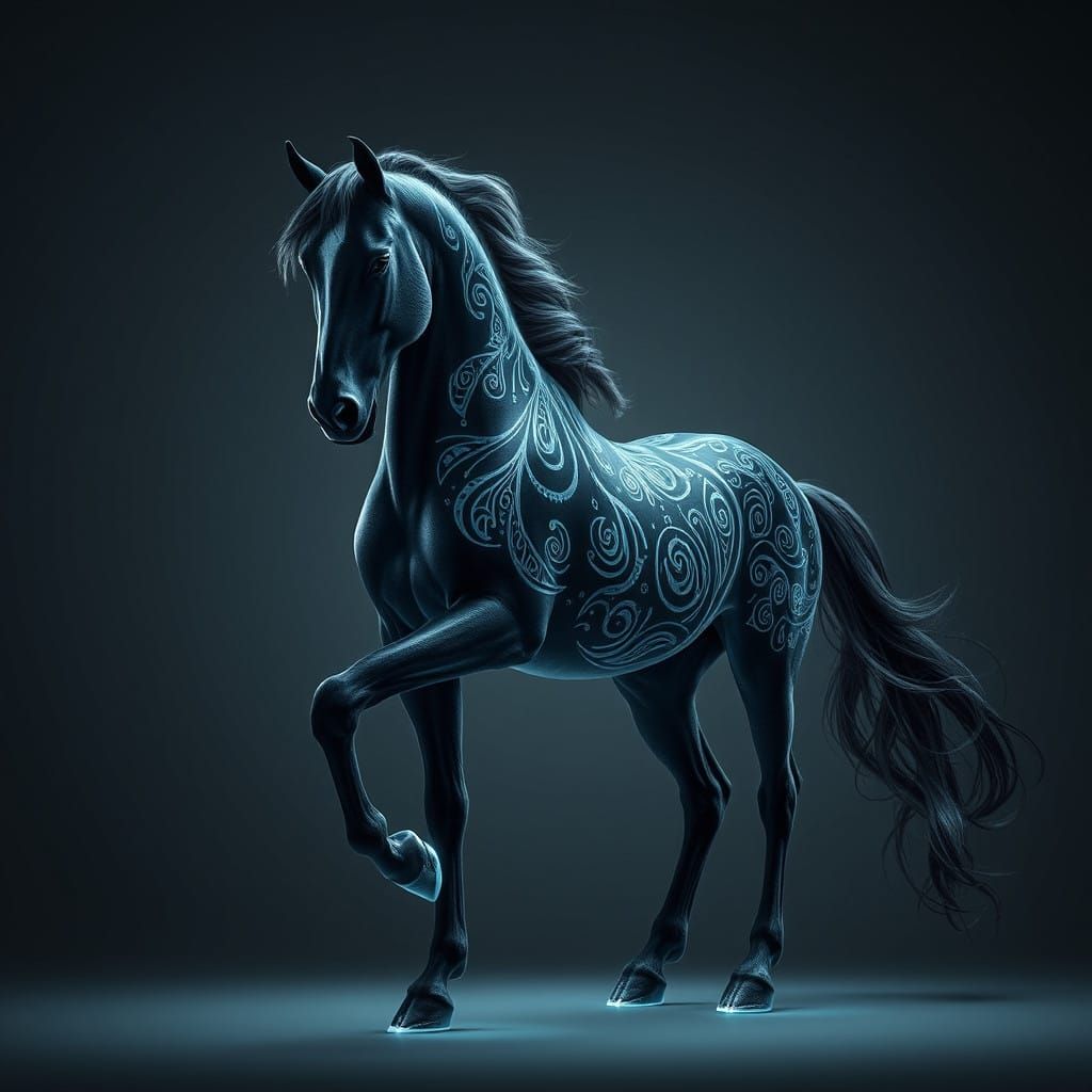 Majestic, Dark-Coated Horse with Bioluminescent Patterns in...