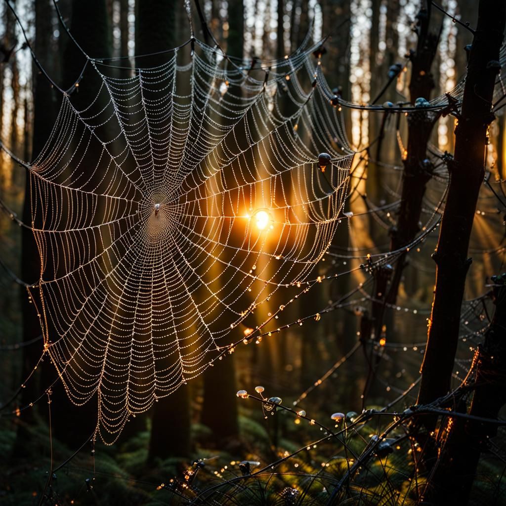 Steampunk Spiderweb in Dark Woods at Sunrise