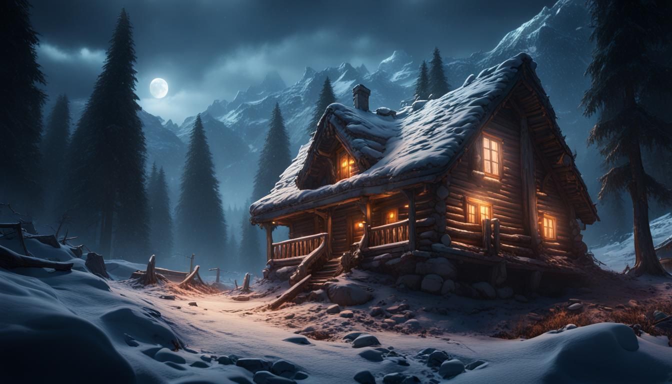 Cabin in Snowy Forest at Night: Detailed Matte Painting