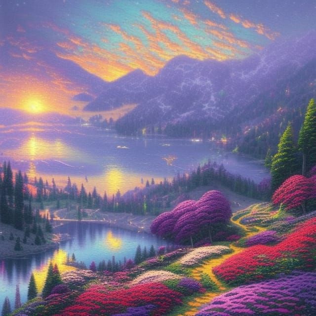 Moonlit Mountain Lake with Flower Meadows