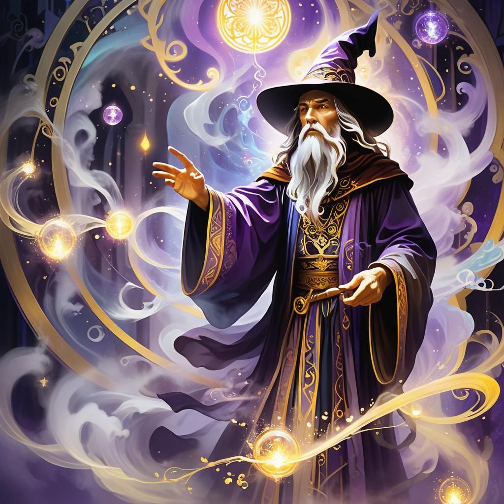 Wizard Casting Spell in Ethereal Fantasy Illustration
