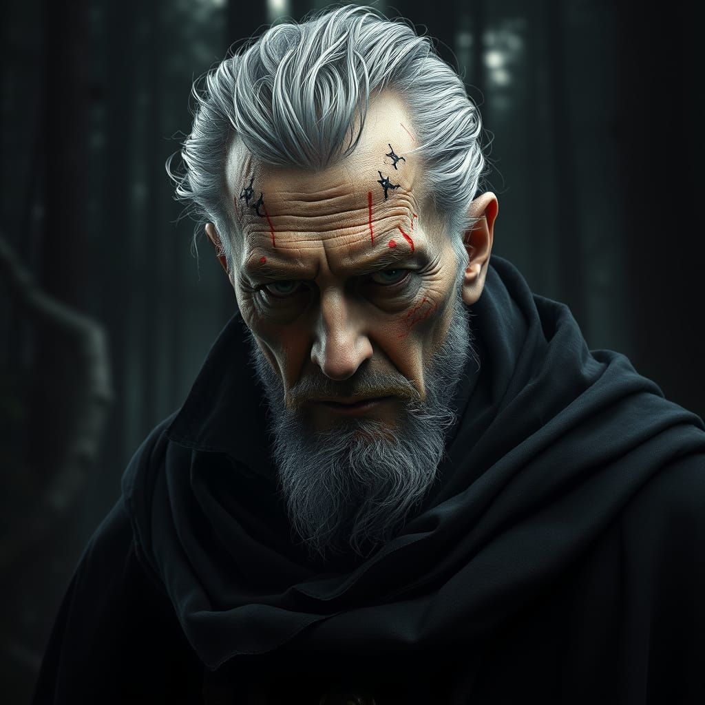 Old Man in Black Cloak in Arthurian Forest
