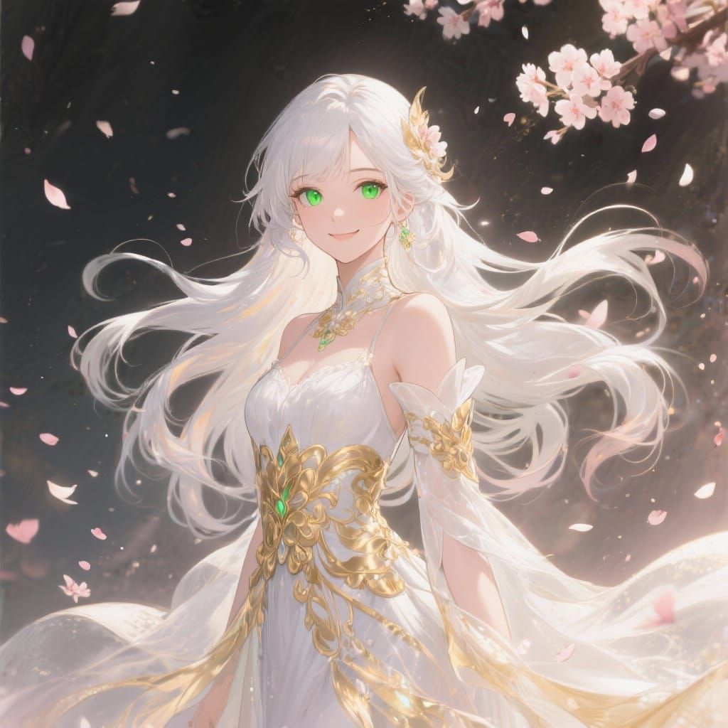 Anime Goddess with Emerald Eyes and Flowing Hair