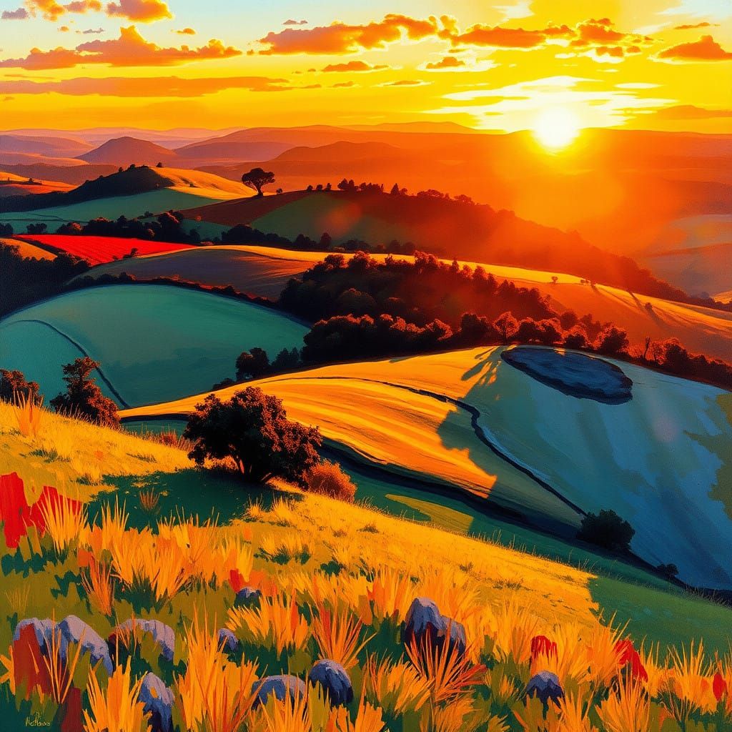 Dramatic Sunset Landscape in Expressive Impressionist Style