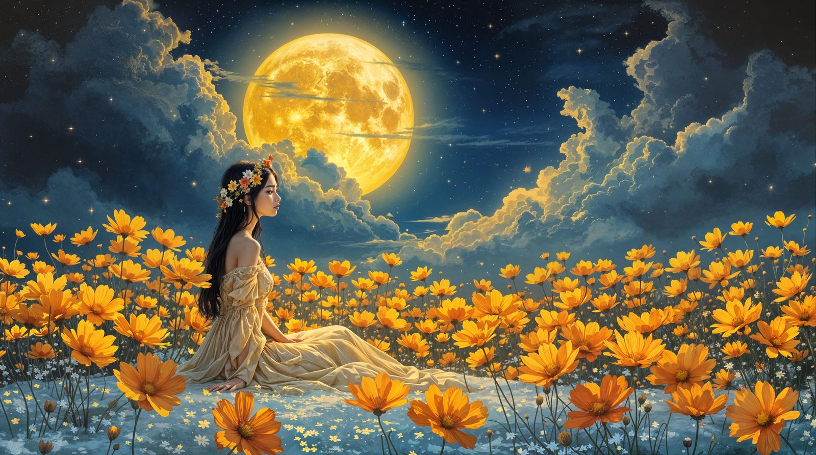 Dreamlike Cosmos Landscape under Golden Moonlight