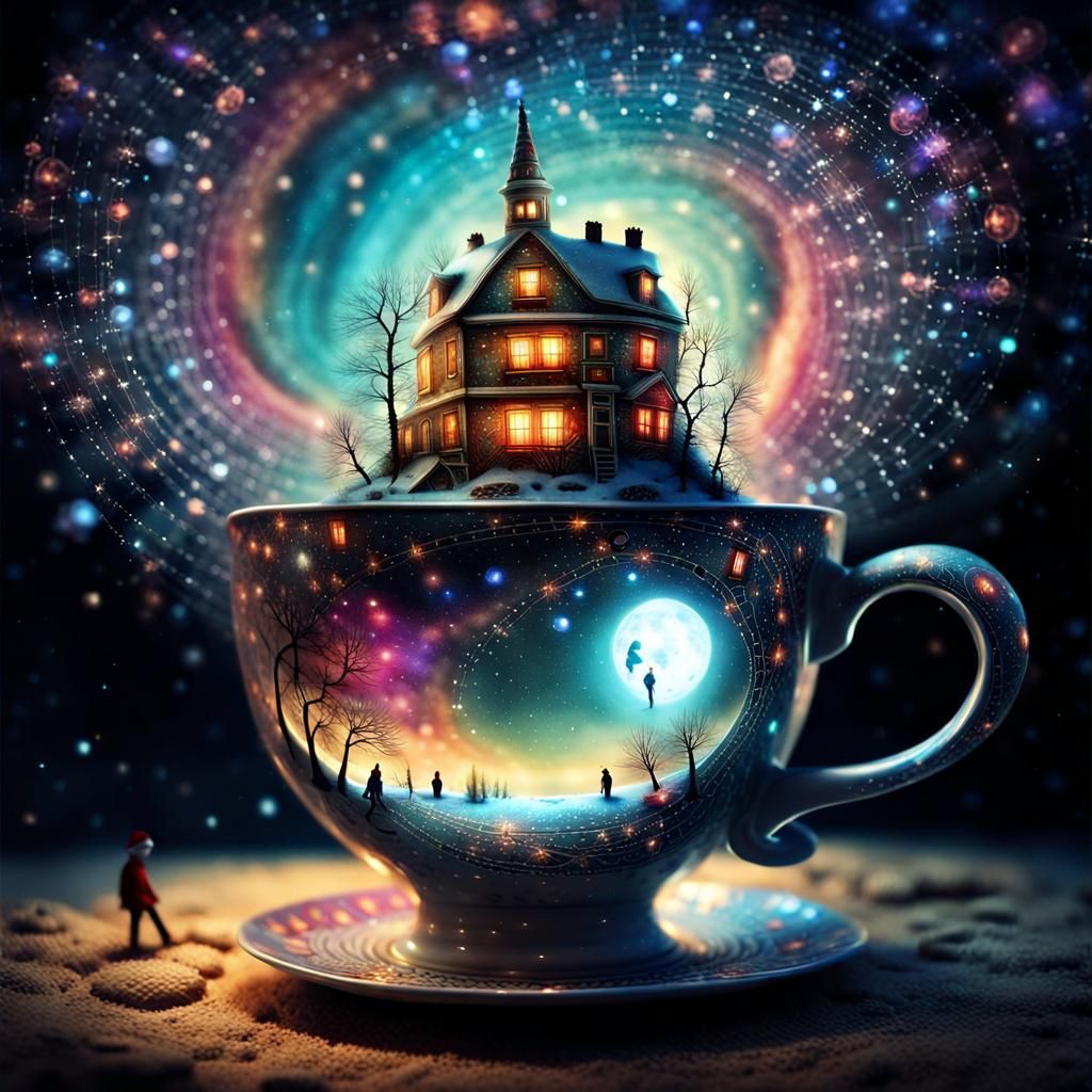 Surreal Spiral Christmas Teacup Portal with Constellations