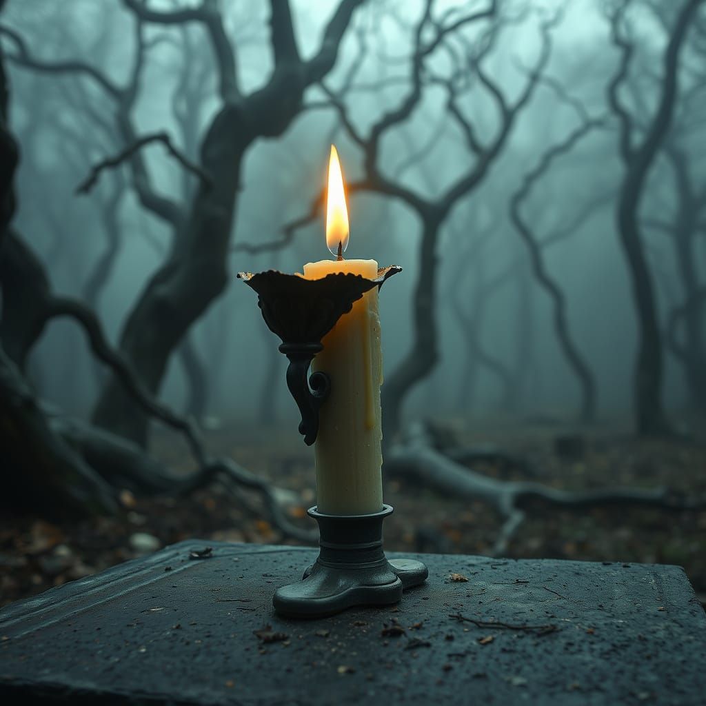 Eerie Candle Melts Over Grave in Misty Forest