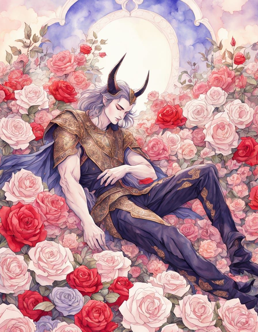 Sleeping Demon Prince in Gothic Watercolor Painting