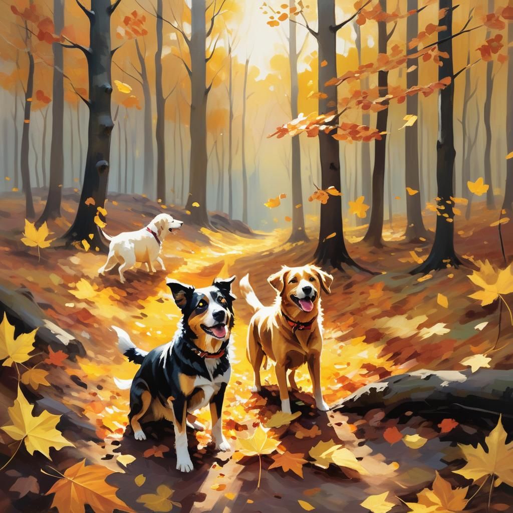 Dogs Playing in Autumn Leaves: Impressionist Painting