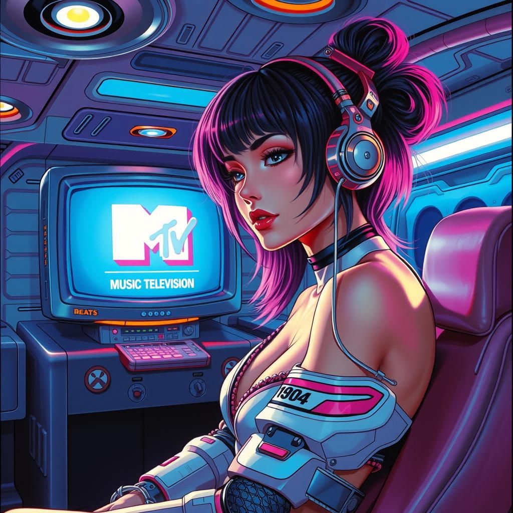 Retro Cyberpunk Robot Woman in Spaceship Lounge