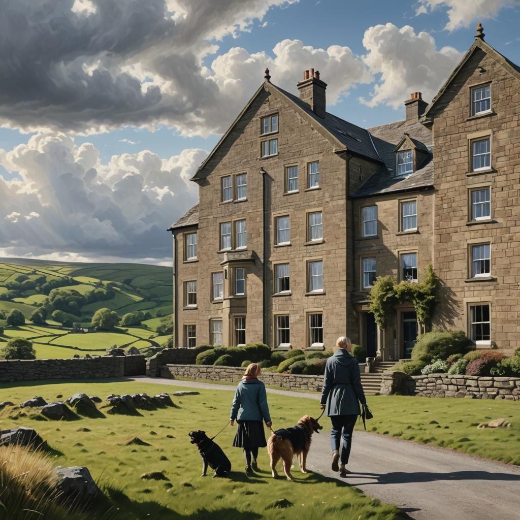 Photorealistic Yorkshire Dales House with Woman and Dog