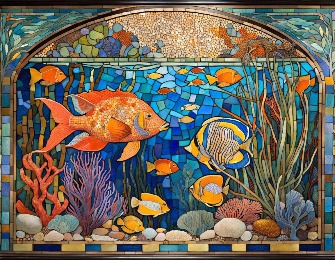 Colorful Coral Reef Mosaic in Stained Glass Style