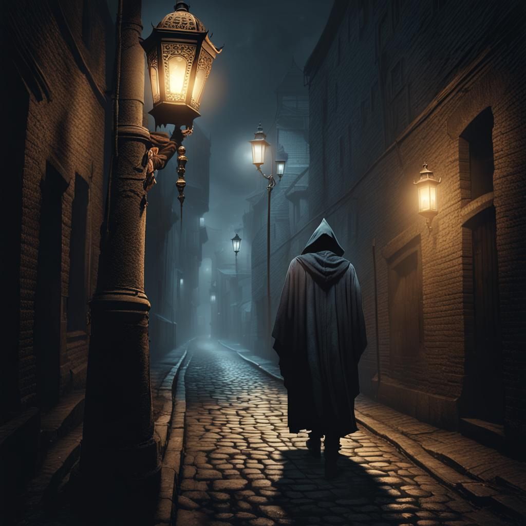 Spooky Cloaked Figure in Misty Alleyway